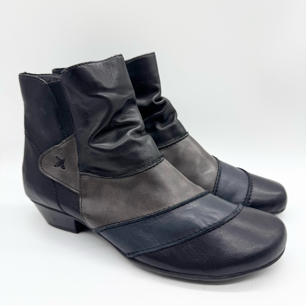 Remonte Ruched Patchwork Dorndorf Heeled Leather Bootie Black/Grey/Blue Sz 40